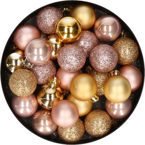 28x stuks kunststof kerstballen goud en lichtroze mix 3 cm - Kerstboomversiering