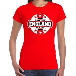 Have fear England is here t-shirt met sterren embleem in de kleuren van de Engelse vlag - rood - dames - Engeland supporter / Engels elftal fan shirt / EK / WK / kleding