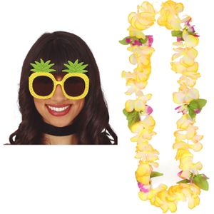 Tropische Hawaii party verkleed accessoires set - Ananas zonnebril - en bloemenkrans geel - voor dames