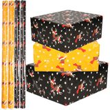 Set van 4x Rollen Kerst inpakpapier/cadeaupapier oker geel/zwart rendieren  2,5 x 0,7 meter - Kerstpapier / kadopapier