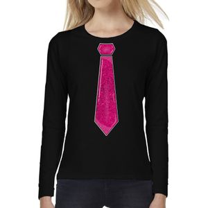 Bellatio Decorations Verkleed shirt voor dames - stropdas roze - zwart - carnaval - foute party