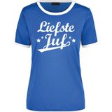 Liefste juf blauw/wit ringer t-shirt voor dames - Einde schooljaar/juffendag lerares cadeau shirt