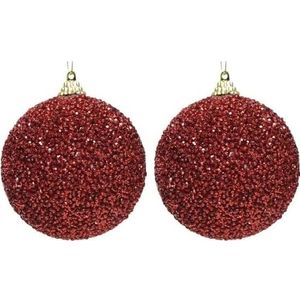 2x Kerst rode glitter/kralen kerstballen 8 cm kunststof - Onbreekbare kerstballen - Kerstboomversiering rood