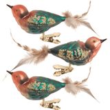 3x stuks luxe glazen decoratie vogels op clip groen/bruin 11 cm - Decoratievogeltjes - Kerstboomversiering