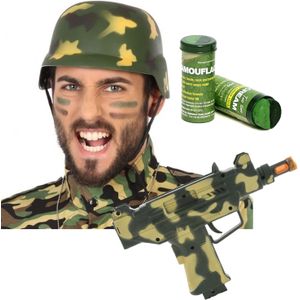 Carnaval verkleed set Leger soldaten helm - camouflage schmink stift - Uzi machinegeweer 23 cm - accessoires set militairen