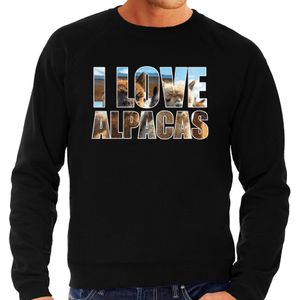 Tekst sweater I love alpacas met dieren foto van een alpaca zwart voor heren - cadeau trui alpacas liefhebber