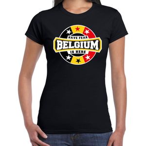 Have fear Belgium is here t-shirt met sterren embleem in de kleuren van de Belgische vlag - zwart - dames - Belgie supporter / Belgisch elftal fan shirt / EK / WK / kleding