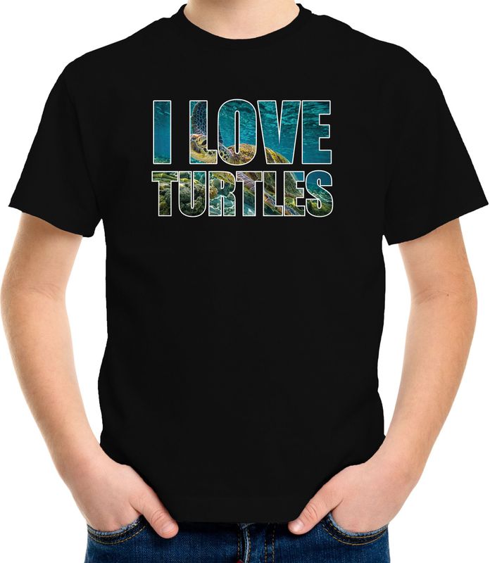 Tekst shirt I love turtles met dieren foto van een schildpad zwart voor kinderen - cadeau t-shirt zeeschildpadden liefhebber - kinderkleding / kleding