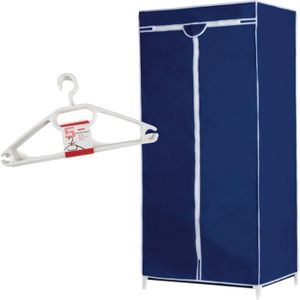 Set van mobiele opvouwbare kledingkast met blauwe hoes 160 cm en 5x plastic kledinghangers wit
