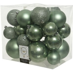 26x Salie groene kunststof kerstballen 6-8-10 cm - Mix - Onbreekbare plastic kerstballen - Kerstboomversiering salie groen