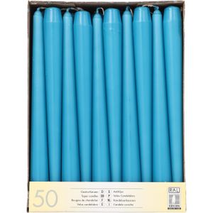 50x stuks Voordeelverpakking dinerkaarsen turquoise blauw - 25 cm - 7 branduren