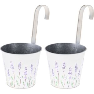 2x stuks bloempotten/plantenbakken zinken emmer met ophanghaak creme wit met lavendel 14x13x26 cm - Balkon/schutting plantenpot