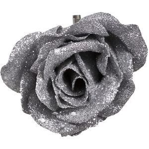 Cosy &amp; Trendy Kerstboomversiering bloem op clip zilver en besneeuwd  9 cm