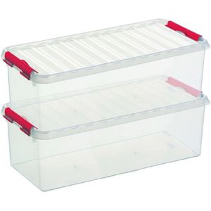 2x Sunware Q-Line opberg boxen/opbergdozen 9,5 liter  48,5 x 19 x 14,7 cm kunststof - Langwerpige/smalle opslagbox - Opbergbak kunststof transparant/rood