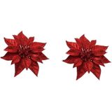 2x Kerstboomversiering bloem op clip rode kerstster 18 cm - kerstfiguren - rode kerstversieringen