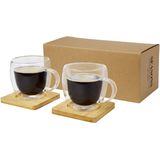 Seasons dubbelwandige koffieglazen 250 ml - set van 2x stuks - met bamboe onderzetters - Espresso glazen