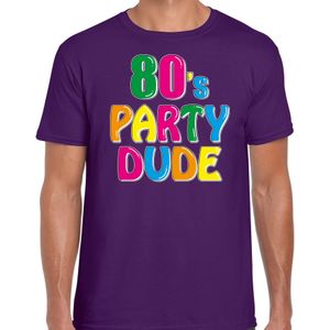 Bellatio Decorations Disco t-shirt heren - 80's party dude - paars - jaren 80 - carnaval/foute party