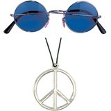 Widmann - Hippie Flower Power verkleed set peace ketting en ronde blauwe glazen party bril