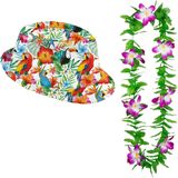 Carnaval verkleed set - Tropische Hawaii party - Multi colour print hoedje - bloemenslinger groen/paars - volwassenen