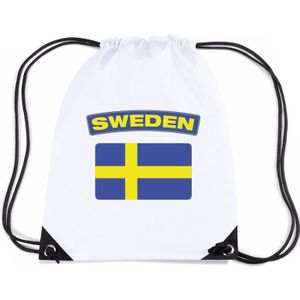 Zweden nylon rijgkoord rugzak/ sporttas wit met Zweedse vlag