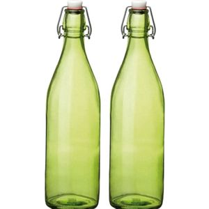 Set van 2x stuks groene giara flessen met beugeldop 30 cm van 1 liter - Woondecoratie giara fles - Groene weckflessen