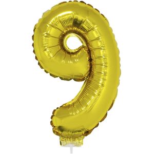 Gouden opblaas cijfer ballon 9 op stokje 41 cm