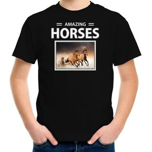 Dieren foto t-shirt Bruin paard - zwart - kinderen - amazing horses - cadeau shirt Bruine paarden liefhebber - kinderkleding / kleding