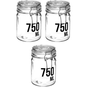 3x stuks inmaakpotten/voorraadpotten 0,75L glas met beugelsluiting - 750 ml - Voorraadpotten met luchtdichte sluiting