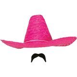 Carnaval verkleed setje - Mexicaanse Sombrero hoed van 59 cm met plak nepsnor - roze - heren