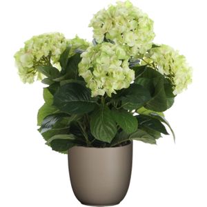 Hortensia kunstplant/kunstbloemen 45 cm - groen - in pot taupe mat - Kunst kamerplant