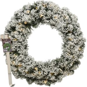 Kerstkrans 50 cm - groen met led - besneeuwd - met messing zilveren hanger/ophanghaak