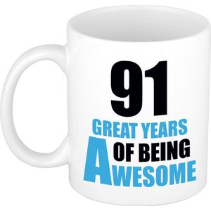 91 great years of being awesome mok wit en blauw - cadeau mok / beker - 29e verjaardag / 91 jaar