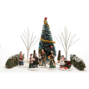 8x stuks kerstdorp accessoires figuurtjes/poppetjes en kerstboompje - Kerstdorp onderdelen kerstversiering
