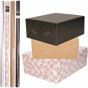 8x Rollen transparant folie/inpakpapier pakket - zwart/bruin/wit met hartjes 200 x 70 cm - cadeau/kaften/verzendpapier/cellofaan