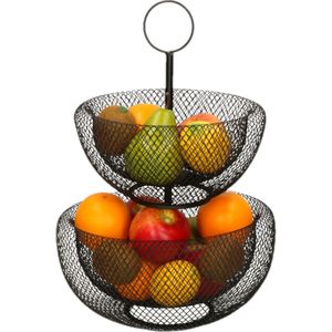 Dubbele etagere fruitschaal/fruitmand rond zwart metaal 30 x 43 cm - Fruitschalen/fruitmanden - Draadmand van metaal