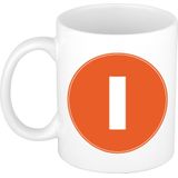 Mok / beker met de letter I oranje bedrukking voor het maken van een naam / woord - koffiebeker / koffiemok - namen beker