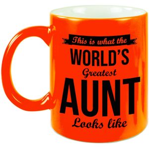 Tante cadeau mok / beker This is what the worlds greatest aunt looks like - neon oranje - verjaardag / bedankje
