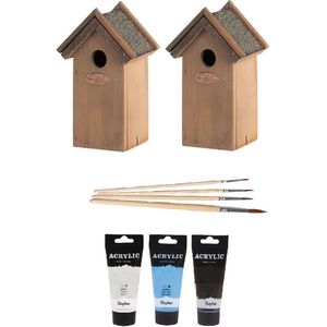 2x stuks houten vogelhuisjes/nestkastjes 22 cm - in het zwart/wit/lichtblauw - DHZ schilderen pakket + 3x tubes verf en kwasten