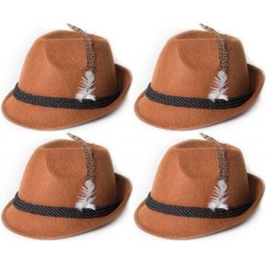4x Bruine Tiroler hoedjes verkleedaccessoires voor volwassenen - Oktoberfest/bierfeest feesthoeden - Alpenhoedje/jagershoedje