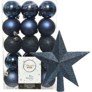 Kerstballen - 30x stuks - incl. ster piek - donkerblauw - kunststof
