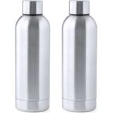RVS waterfles/drinkfles - 2x - kleur metallic zilver - met schroefdop - 800 ml