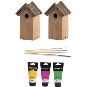 2x stuks houten vogelhuisjes/nestkastjes 22 cm - in het roze/geel/groen - Dhz schilderen pakket + 3x tubes verf en kwasten