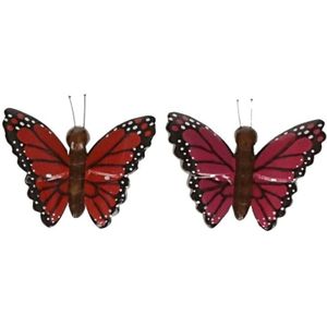 2x Houten magneten vlinders rood en roze