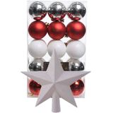 Kerstballen 30x -6cm -en ster piek -parelmoer wit/rood/zilver-kunststof