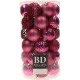 Bellatio Decorations Kerstballen mix - 74-delig - fuchsia roze en donkerblauw - 6 cm - kunststof