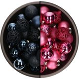 Bellatio Decorations Kerstballen mix - 74-delig - fuchsia roze en donkerblauw - 6 cm - kunststof