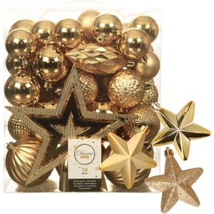 Kerstballen, kerstornamenten en piek - 56x stuks - goud - kunststof