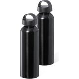 Bellatio Design Waterfles/drinkfles/sportfles - 2x - metallic zwart - aluminium - 800 ml - schroefdop