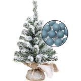 Mini kunst kerstboom besneeuwd - incl. lichtsnoer bollen blauw - H45 cm
