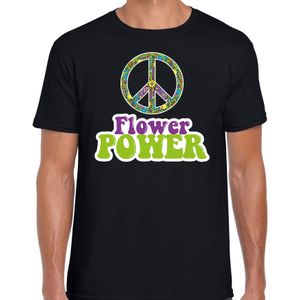 Jaren 60 Flower Power verkleed shirt zwart met groene en paarse letters heren - Sixties/ jaren 60 kleding
